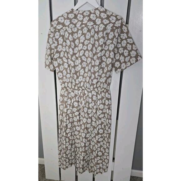 Vintage Orvis Tradwife Pleated Tan Floral Print Button Collared Midi Dress L‎ - Picture 2 of 12